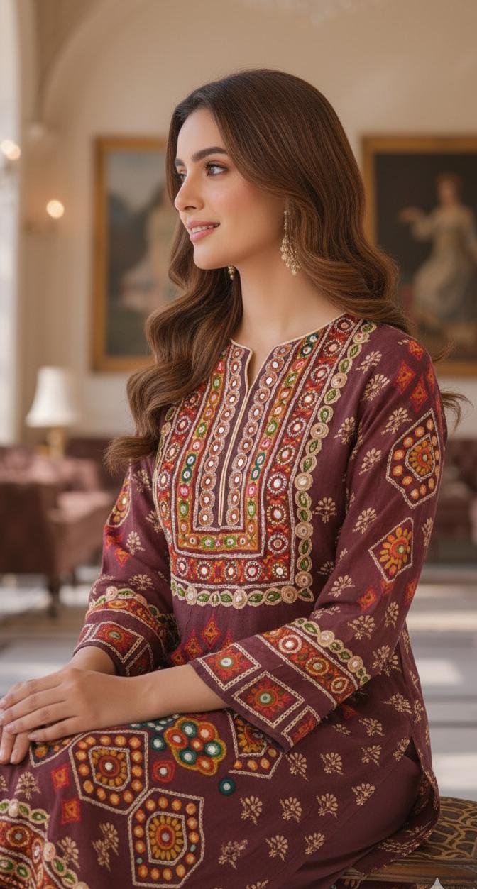 Premium Soft Crepe Straight Suit Featuring Multicolor Traditional Print, Detailed Neck Pattern and Printed Dupatta-12233