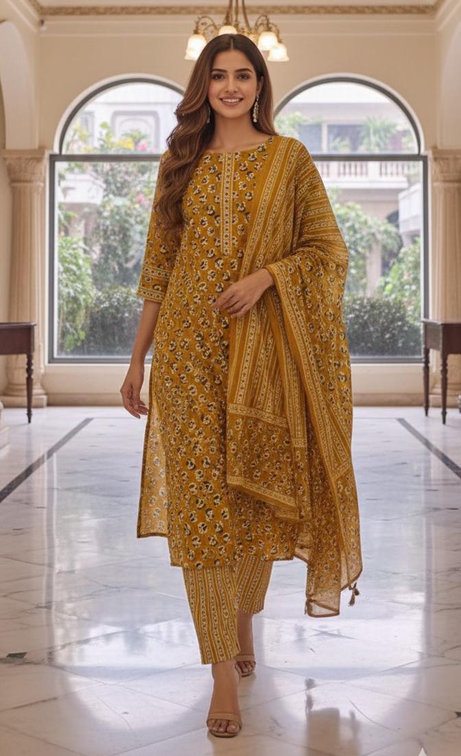 Hand Block  Cotton Printed Kurta Pant With Dupatta-12240