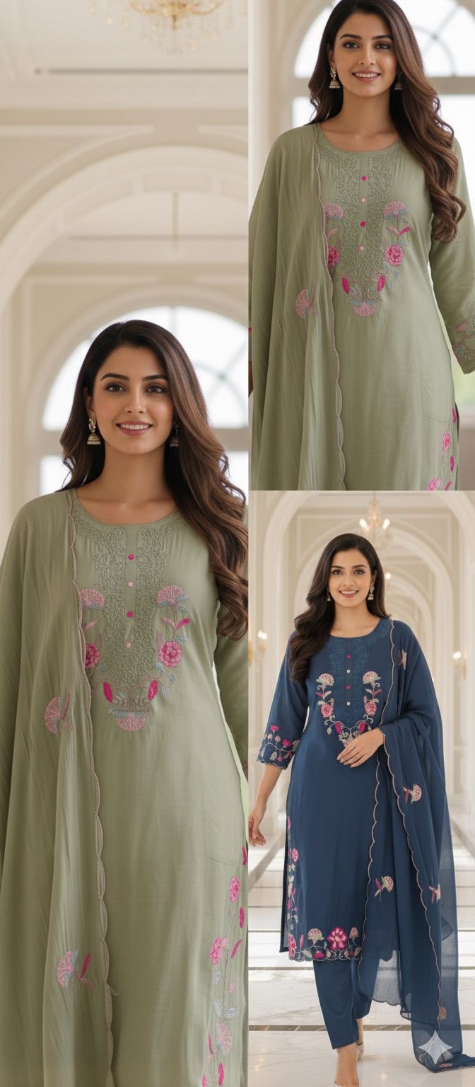 Surat Mulchanderi  Suit Set with Front Thread Embroidery, Floral Scallop Dupatta & Matching Bottom-12339,12338,12337