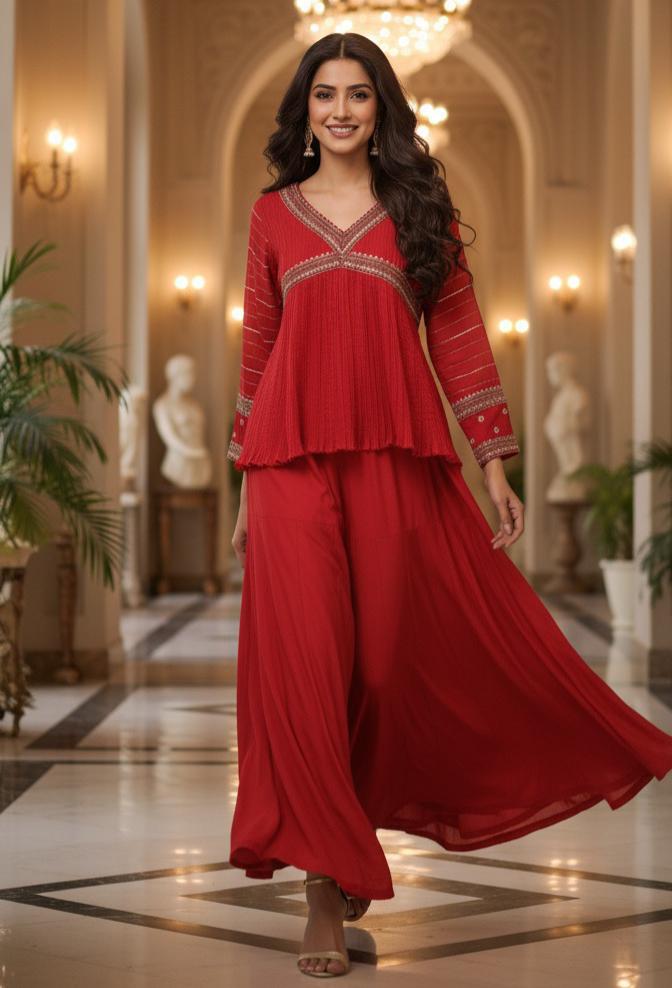 Stylish Zari Gotta Bordered Crushed Peplum Short Kurta With Flared Tapper Pannel Sharara Bottom- 11315