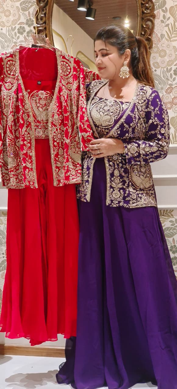 Heavily Worked Middle Length Jacket With Buster & Very Flared Loose Palazzo Bottom- 12471