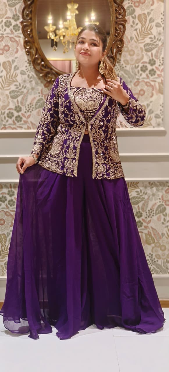 Heavily Worked Middle Length Jacket With Buster & Very Flared Loose Palazzo Bottom- 12471