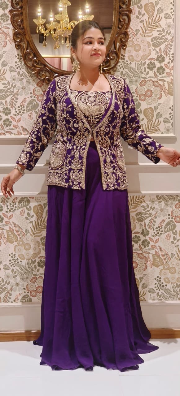 Heavily Worked Middle Length Jacket With Buster & Very Flared Loose Palazzo Bottom- 12471