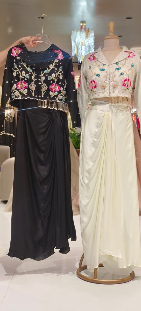 Very Elegant Cut-dana Floral Work Tassled Collared Tissue Crop Top With Drape Skirt- 12363