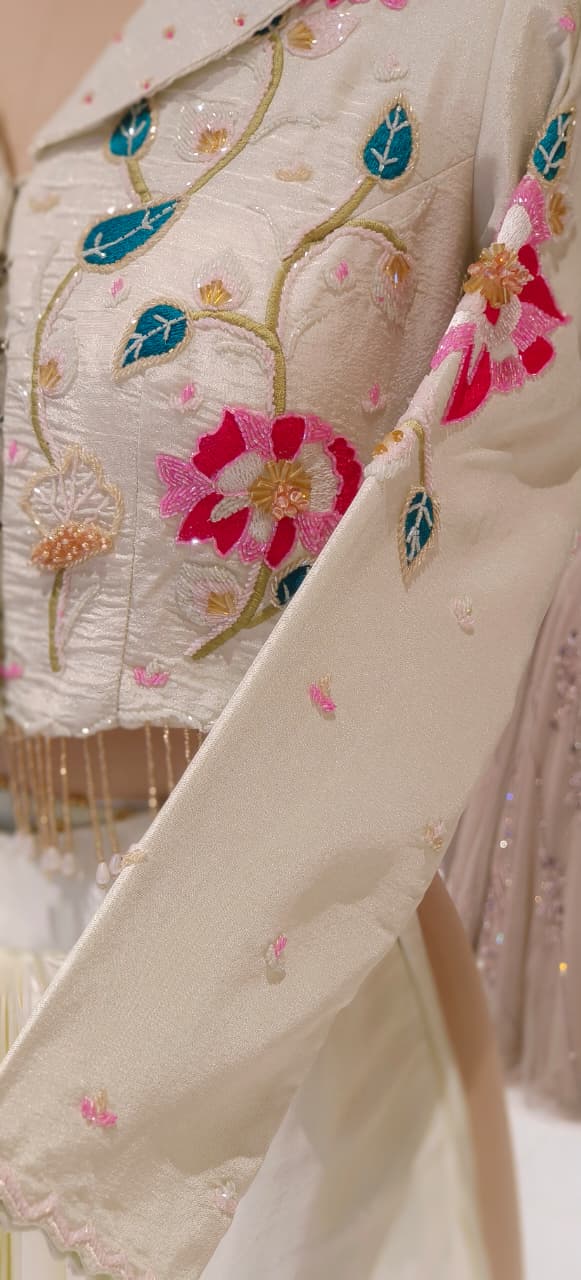 Very Elegant Cut-dana Floral Work Tassled Collared Tissue Crop Top With Drape Skirt- 12363