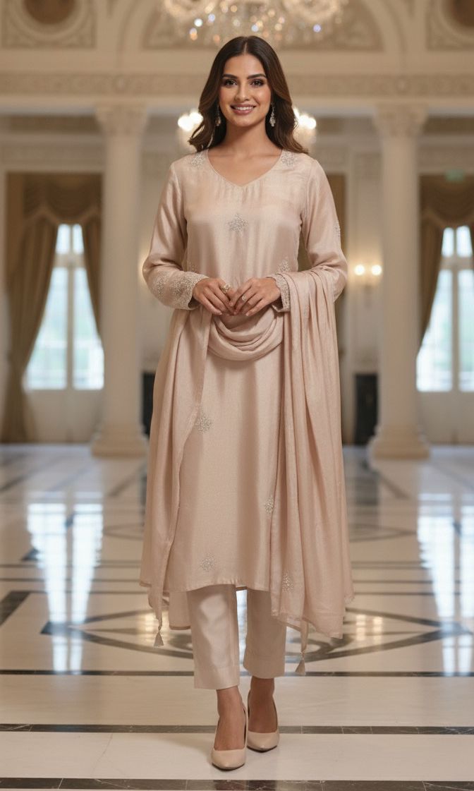 Very Minimal Work Soft Toned Tissue A-Line Full Suit Set With Dupatta- 11944, 11945