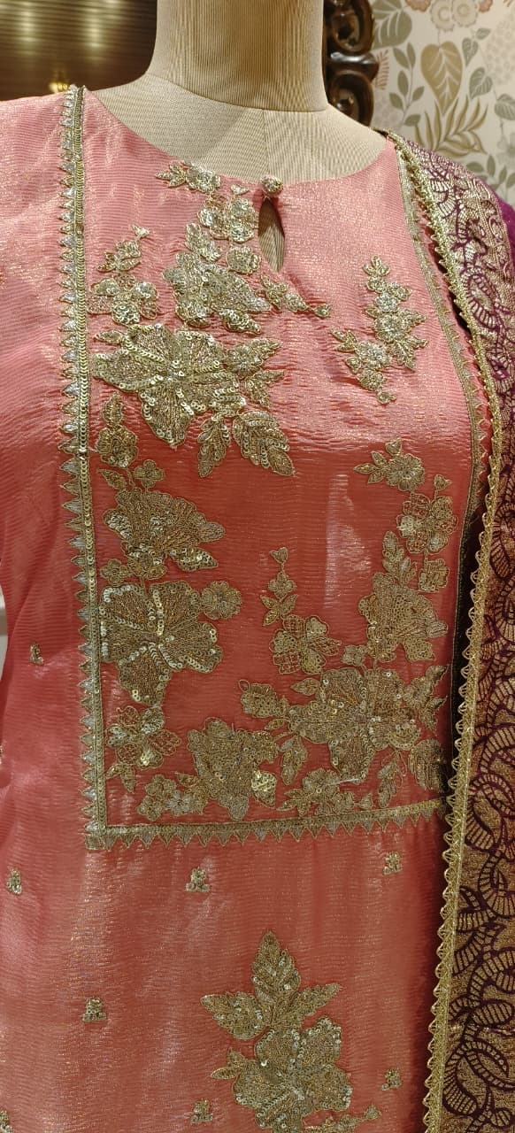 Heavily Designed Pastel Shade Short Length Kurta With Heavy Skirt Bottom(With Cane Cane) & Dupatta In Tissue Fabric