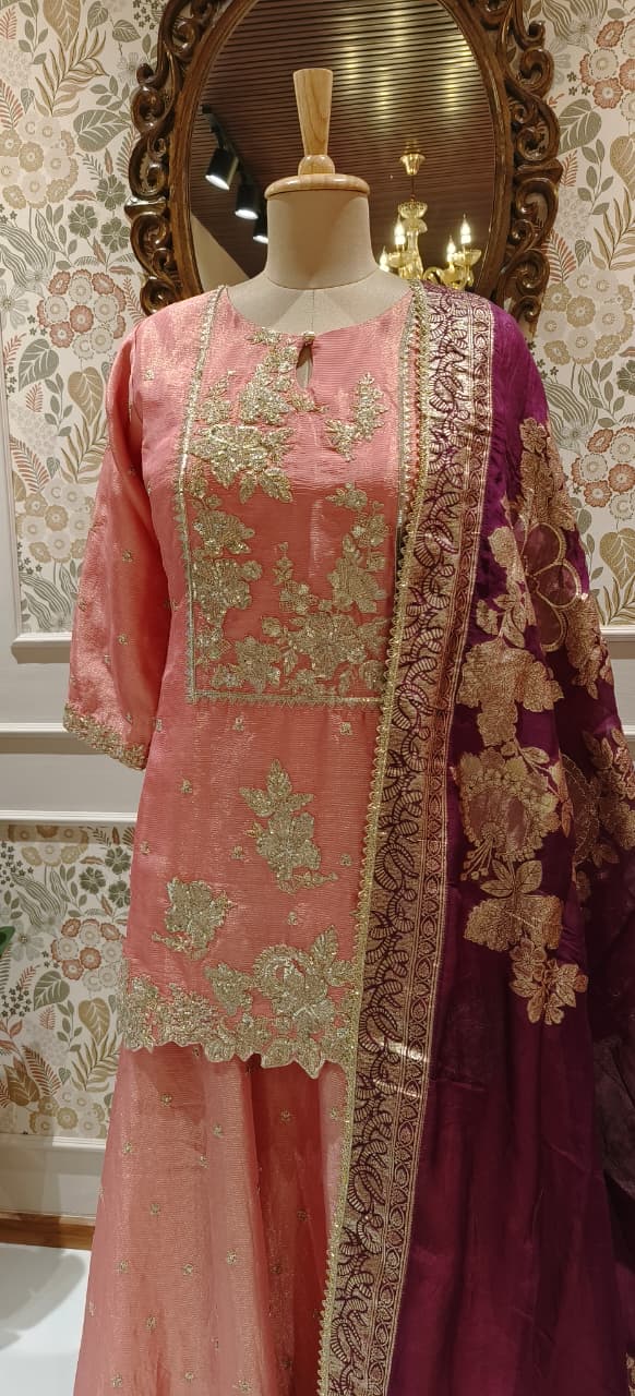 Heavily Designed Pastel Shade Short Length Kurta With Heavy Skirt Bottom(With Cane Cane) & Dupatta In Tissue Fabric