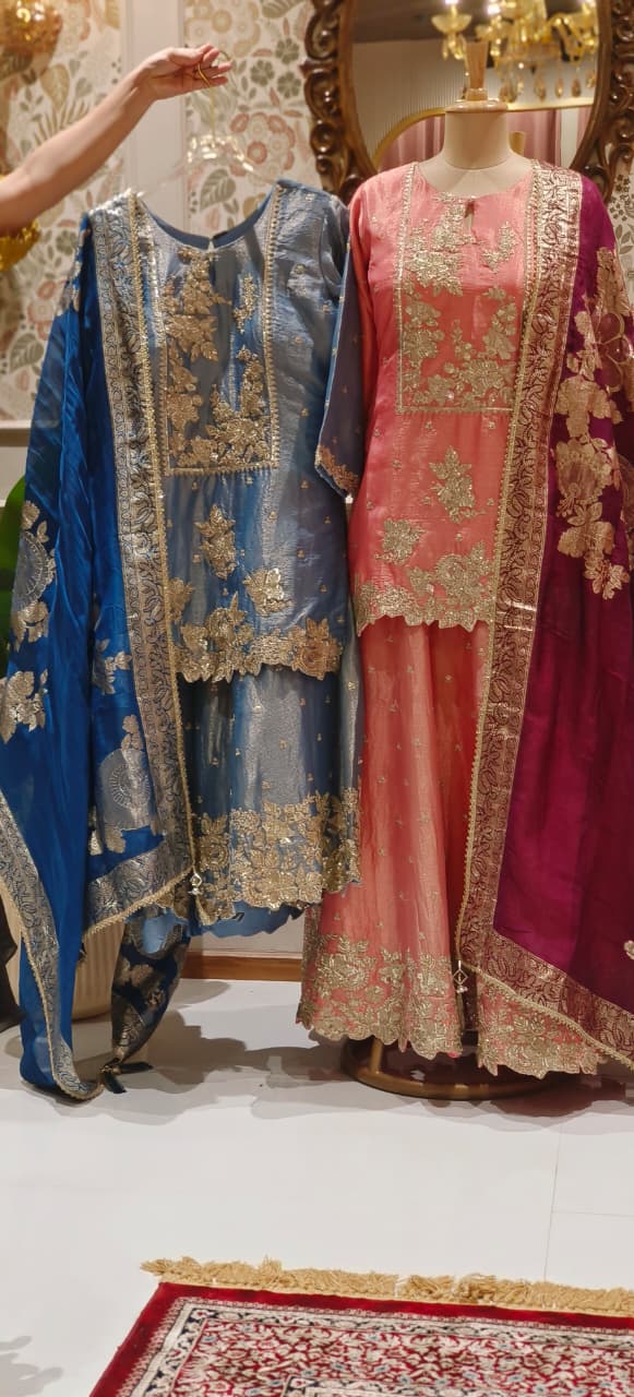 Heavily Designed Pastel Shade Short Length Kurta With Heavy Skirt Bottom(With Cane Cane) & Dupatta In Tissue Fabric