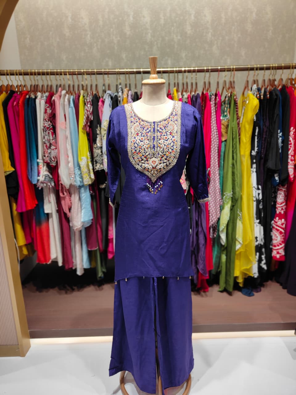 Floral Embroidery With Tassel High Low A-Line Kurta Pant Set In Dola Silk Fabric- 12463