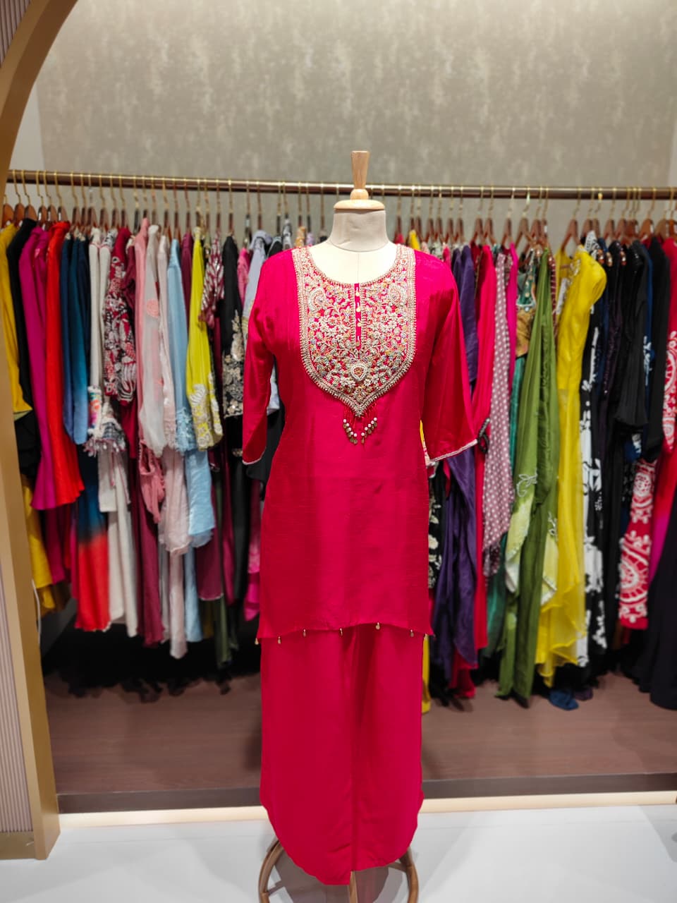 Floral Embroidery With Tassel High Low A-Line Kurta Pant Set In Dola Silk Fabric- 12463