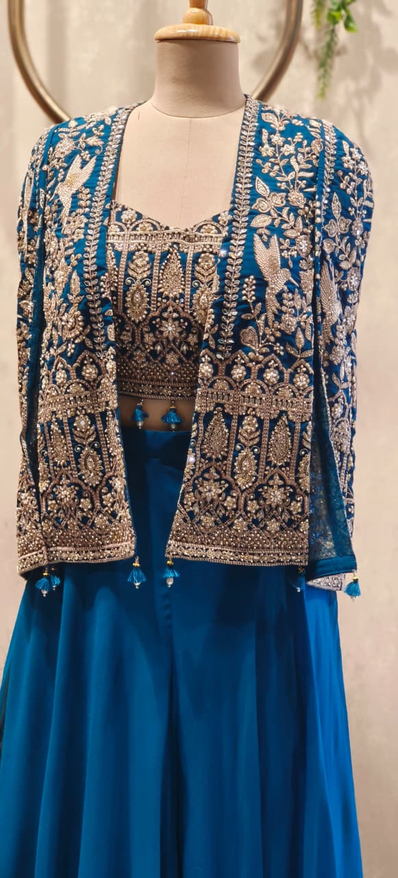 Heavily Hand Embroidered Short Length Open Jacket With Crop Top & Flarred Palazzo Bottom