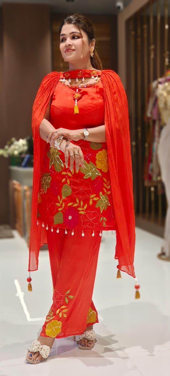 Floral Patched Shell Tasseled Sleeveless Short Length Kurta With Loose Bottom & Chowker Dupatta In Chinon Fabric-12565,12564,12563