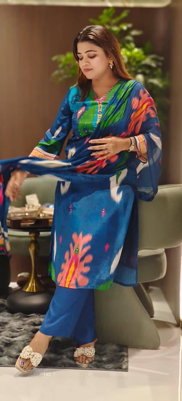 Graceful Ikkat Vibrant Crepe Full Suit Set With Chinon Dupatta- 12520 (Despatching After Monday)