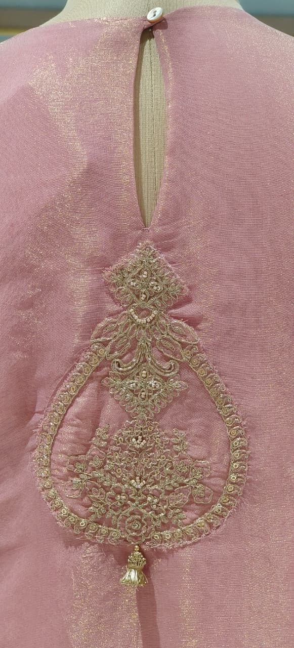 Golden Zardosi Front Work With Tassel Panel A-Line Full Suit Set Wih Dupatta In Tissue Fabric- 12547