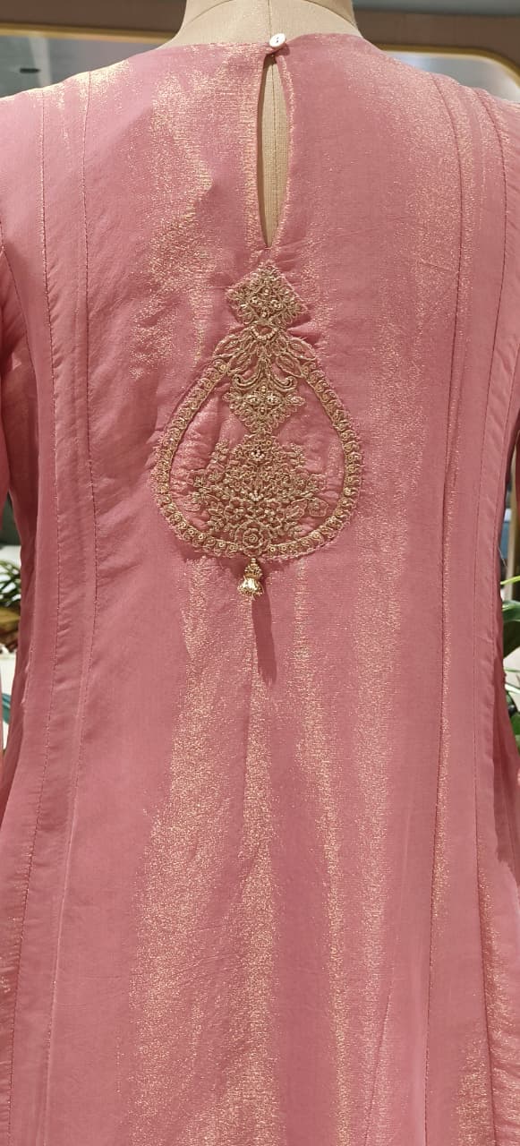 Golden Zardosi Front Work With Tassel Panel A-Line Full Suit Set Wih Dupatta In Tissue Fabric- 12547