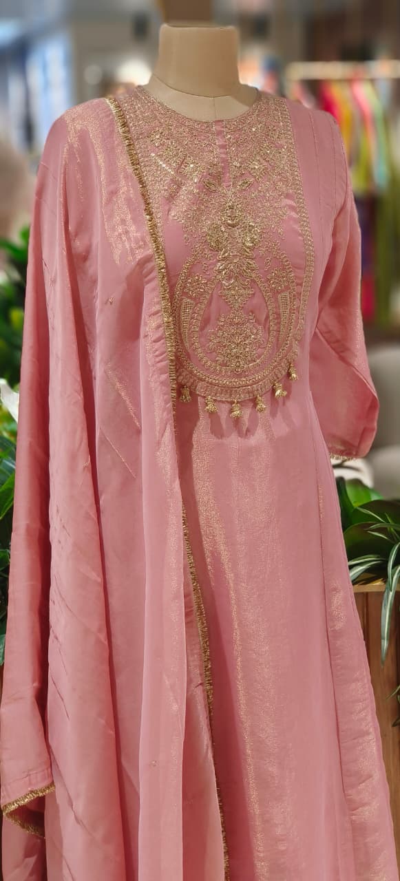 Golden Zardosi Front Work With Tassel Panel A-Line Full Suit Set Wih Dupatta In Tissue Fabric- 12547