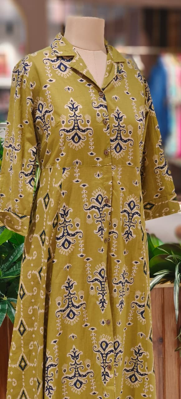 Multiprints Collared A-Line Frock In Cotton Fabric- 12510, 12511, 12512, 12513