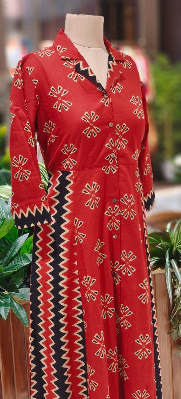 Multiprints Collared A-Line Frock In Cotton Fabric- 12510, 12511, 12512, 12513