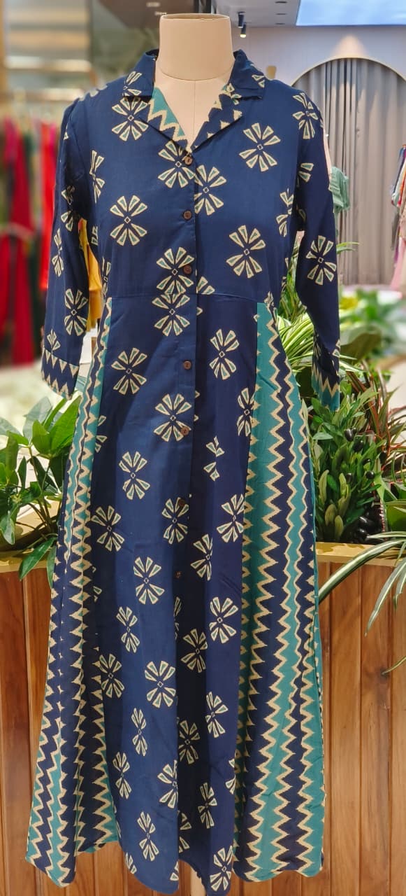 Multiprints Collared A-Line Frock In Cotton Fabric- 12510, 12511, 12512, 12513