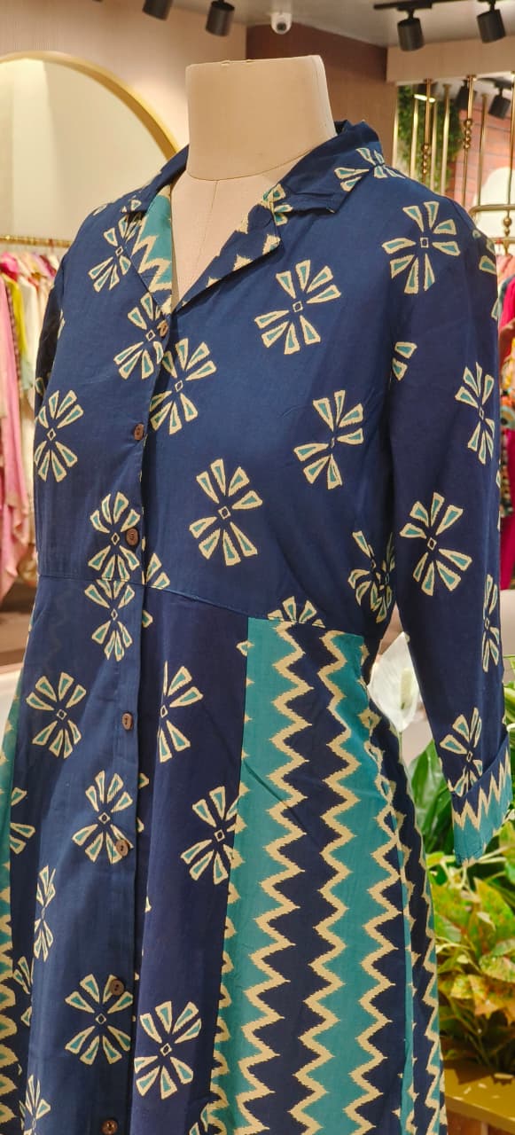 Multiprints Collared A-Line Frock In Cotton Fabric- 12510, 12511, 12512, 12513