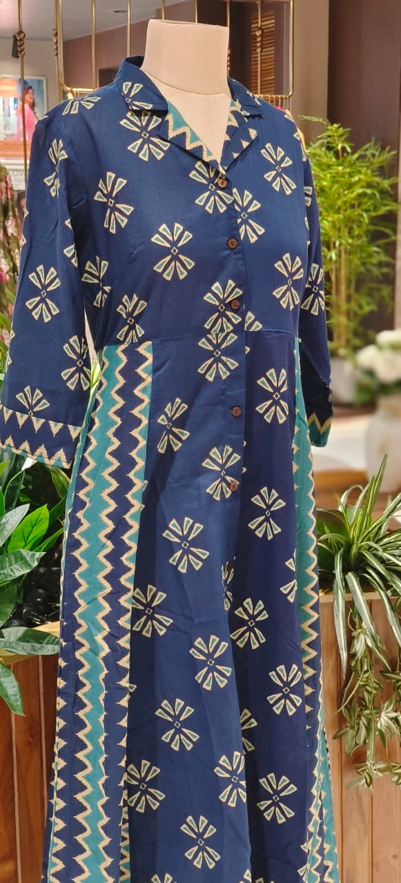 Multiprints Collared A-Line Frock In Cotton Fabric- 12510, 12511, 12512, 12513