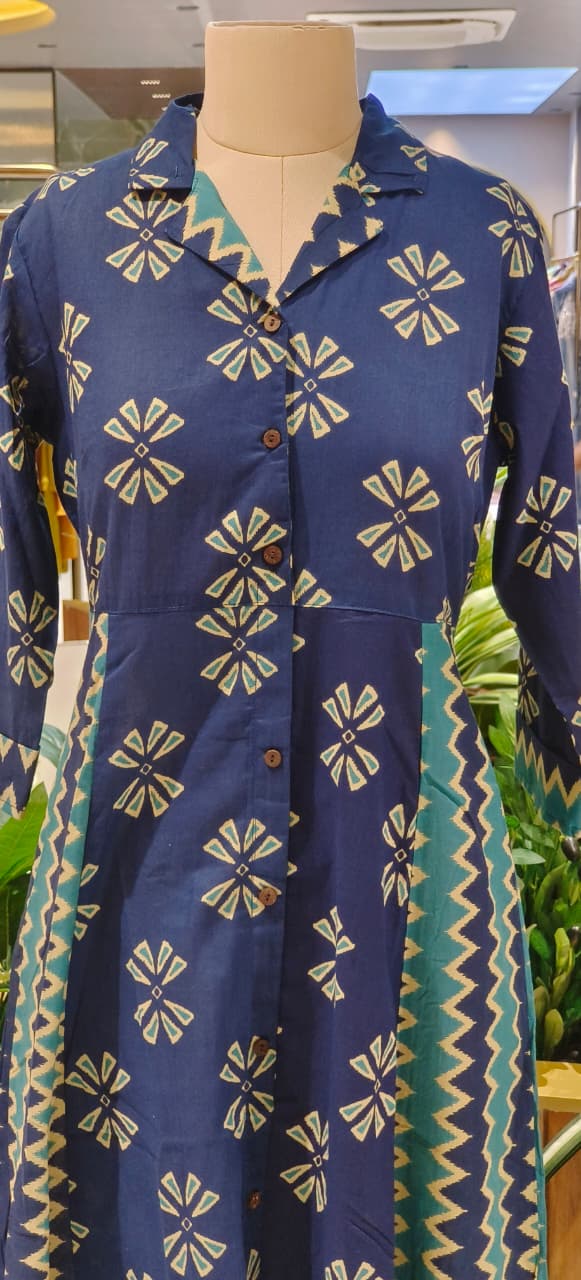 Multiprints Collared A-Line Frock In Cotton Fabric- 12510, 12511, 12512, 12513