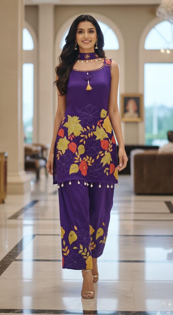 Floral Patched Shell Tasseled Sleeveless Short Length Kurta With Loose Bottom & Chowker Dupatta In Chinon Fabric-12565,12564,12563