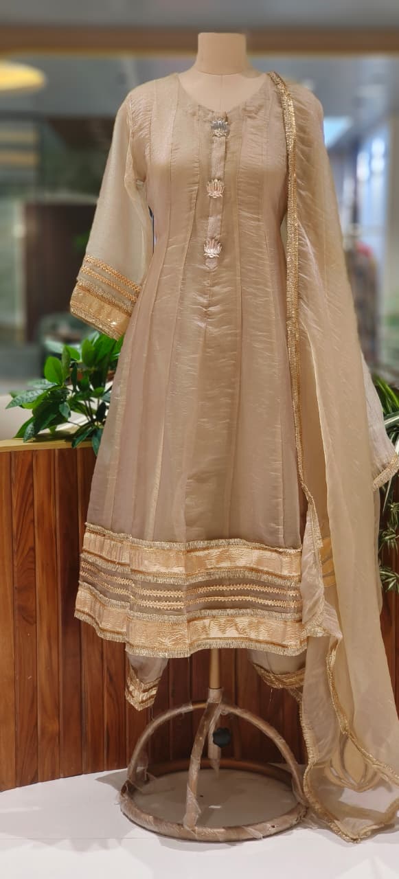 Tissue Panel Anarkali Full Suit Set With Beautiful Golden Borders & Broches