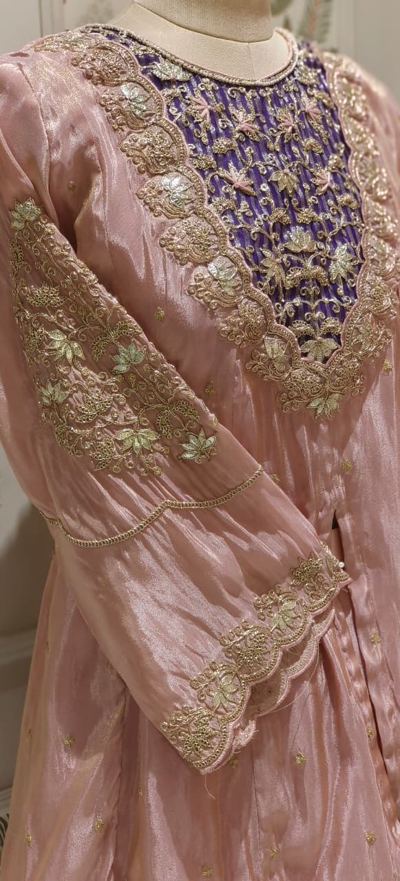 Twin Color Front Work Peplum Front Slitted Panel Kurta With Tapered Palazzo In Tissue Fabric- 12524