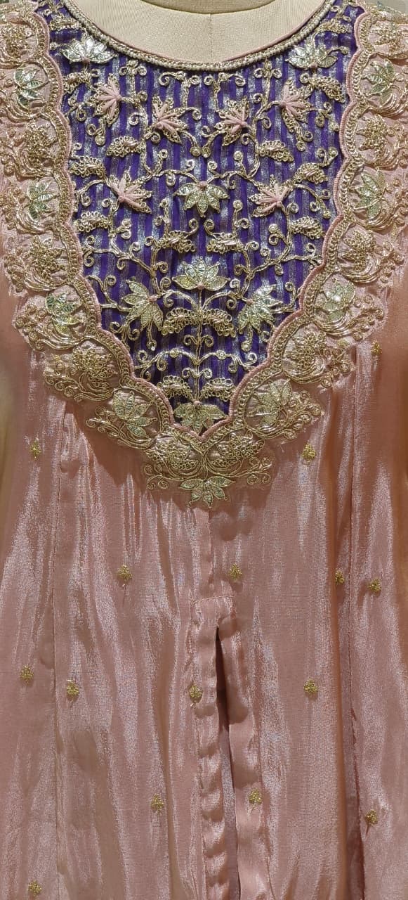 Twin Color Front Work Peplum Front Slitted Panel Kurta With Tapered Palazzo In Tissue Fabric- 12524