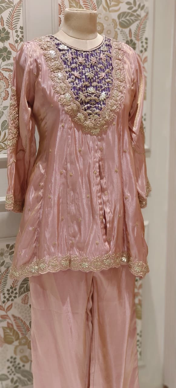 Twin Color Front Work Peplum Front Slitted Panel Kurta With Tapered Palazzo In Tissue Fabric- 12524