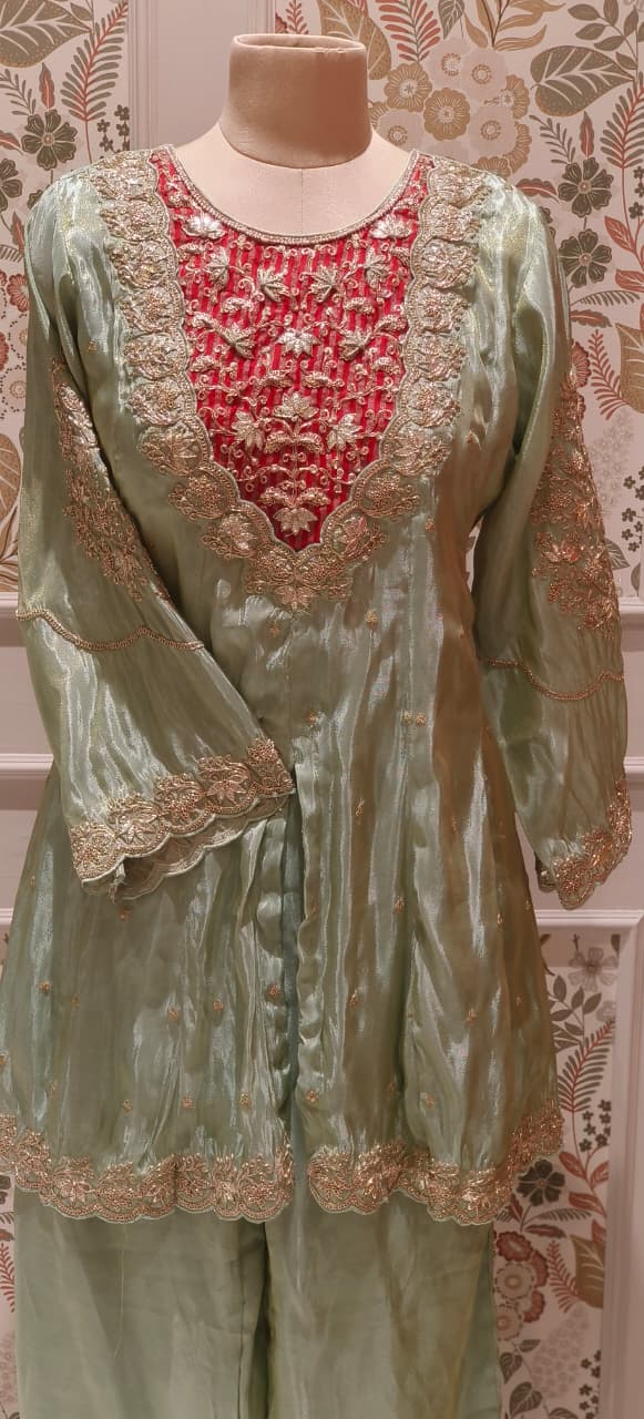 Twin Color Front Work Peplum Front Slitted Panel Kurta With Tapered Palazzo In Tissue Fabric- 12524