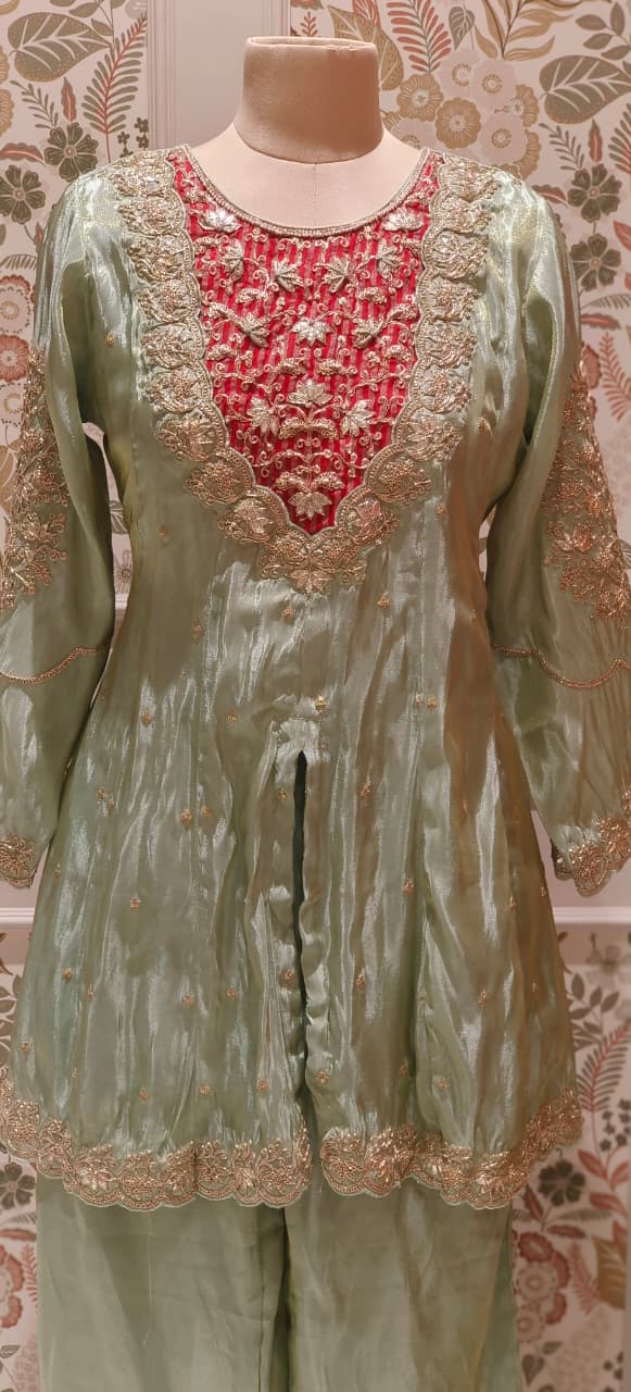 Twin Color Front Work Peplum Front Slitted Panel Kurta With Tapered Palazzo In Tissue Fabric- 12524