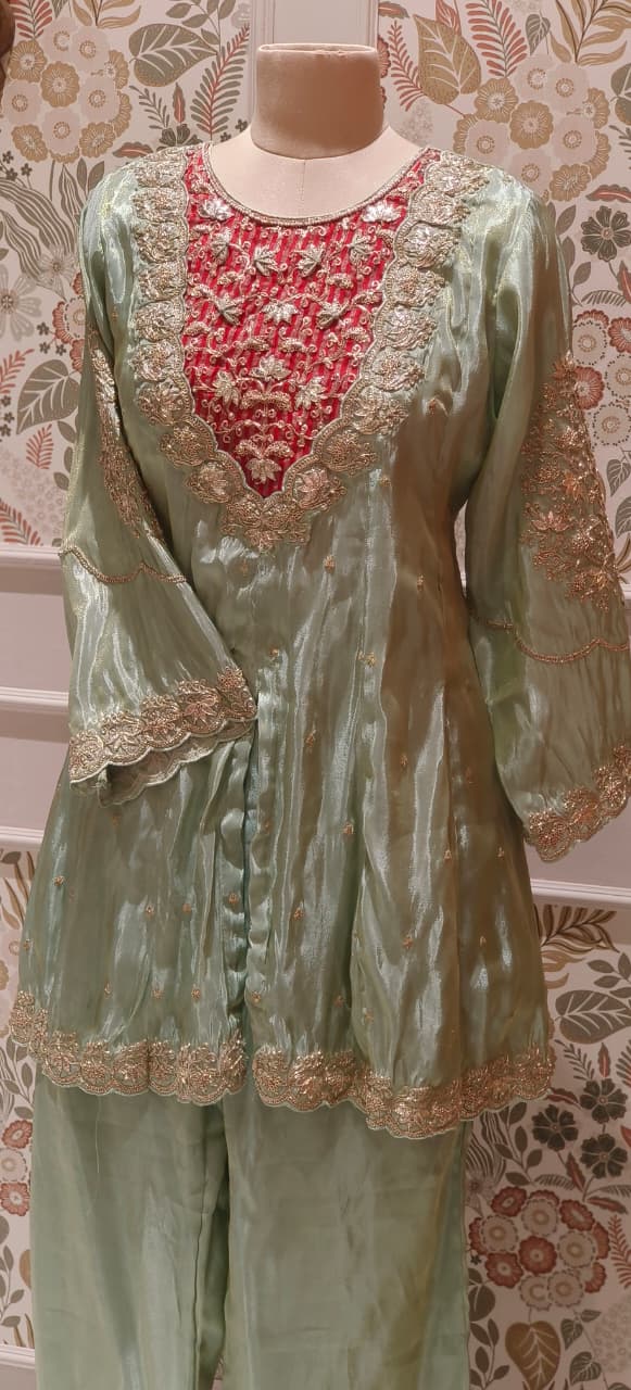 Twin Color Front Work Peplum Front Slitted Panel Kurta With Tapered Palazzo In Tissue Fabric- 12524