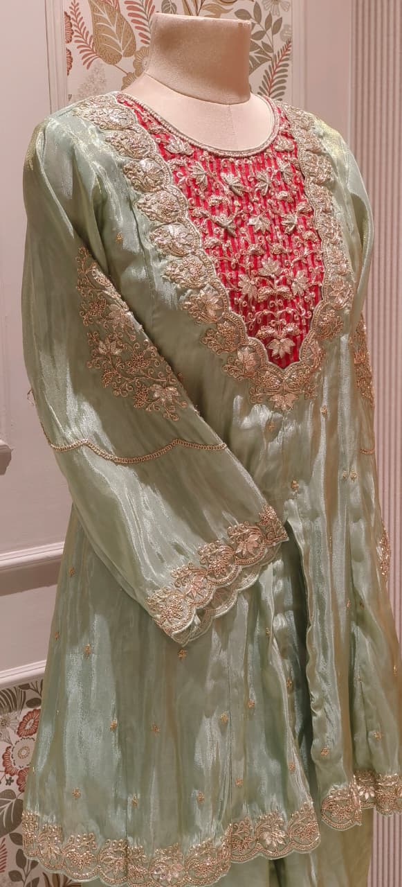 Twin Color Front Work Peplum Front Slitted Panel Kurta With Tapered Palazzo In Tissue Fabric- 12524