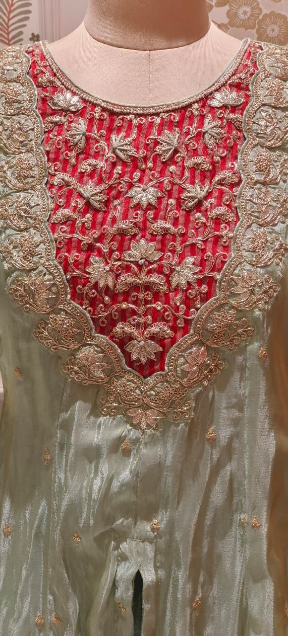 Twin Color Front Work Peplum Front Slitted Panel Kurta With Tapered Palazzo In Tissue Fabric- 12524