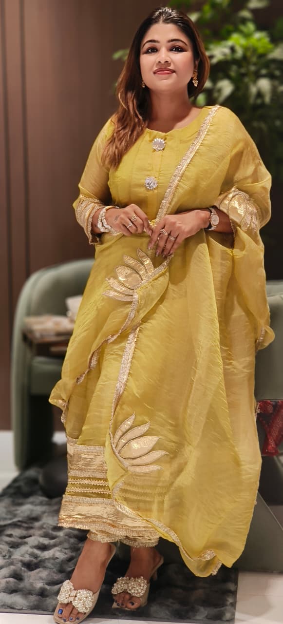 Tissue Panel Anarkali Full Suit Set With Beautiful Golden Borders & Broches