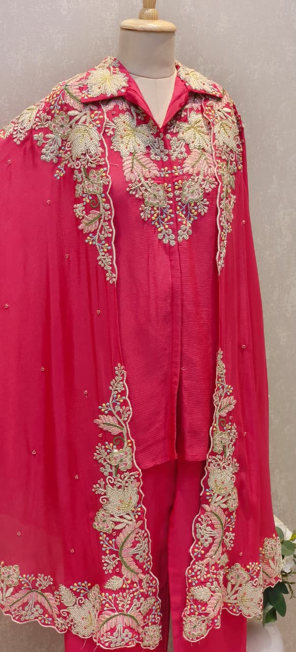 Exclusive Chinon Three-Piece Indo western Party Wear Outfit  Featuring Rich Multi colour Zari, Sequence & Thread Handwork