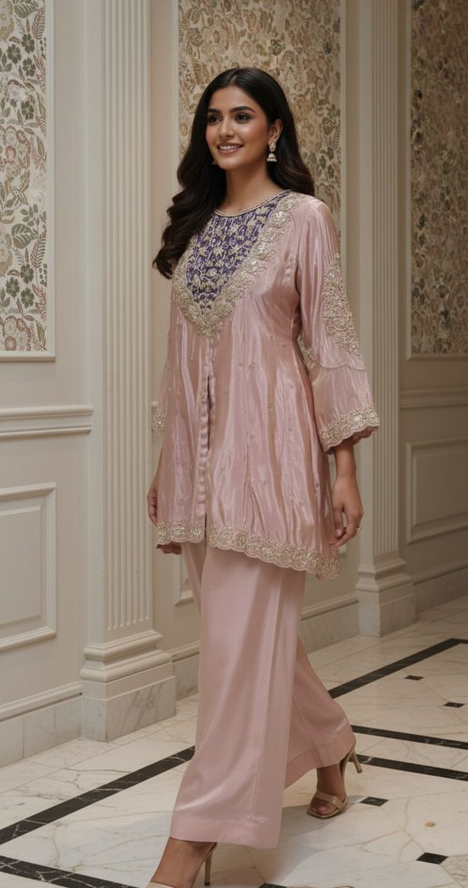 Twin Color Front Work Peplum Front Slitted Panel Kurta With Tapered Palazzo In Tissue Fabric- 12524