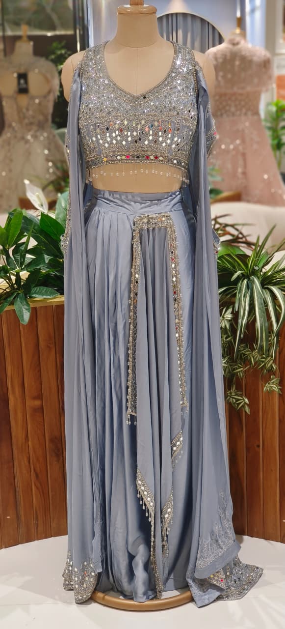 High-Fashion Partywear Drape Skirt Set with Heavy Hand-Embroidered Mirror Blouse, Dramatic Side Cut Drape & Crystal Hangings