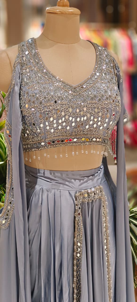 High-Fashion Partywear Drape Skirt Set with Heavy Hand-Embroidered Mirror Blouse, Dramatic Side Cut Drape & Crystal Hangings