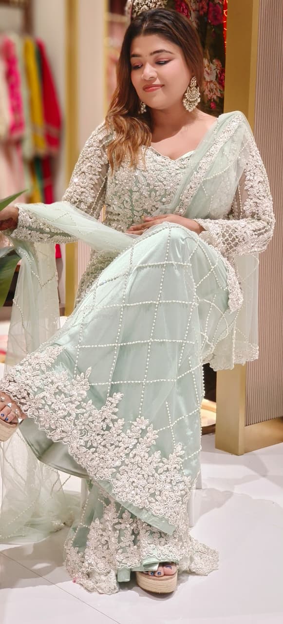 Premium Pastel Green Heavy Embellished Set Ensemble with Detailed Sequin–Pearl Work Kurta and Matching Embroidered Dupatta And Flare Bottom-12610 (DISPATCHING AFTER 30 DAYS ON ORDERS)