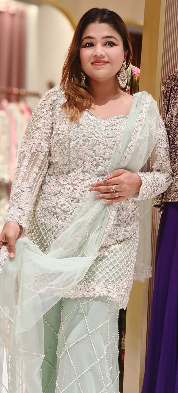 Premium Pastel Green Heavy Embellished Set Ensemble with Detailed Sequin–Pearl Work Kurta and Matching Embroidered Dupatta And Flare Bottom-12610 (DISPATCHING AFTER 30 DAYS ON ORDERS)