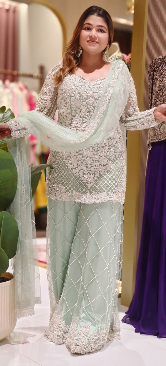 Premium Pastel Green Heavy Embellished Set Ensemble with Detailed Sequin–Pearl Work Kurta and Matching Embroidered Dupatta And Flare Bottom-12610 (DISPATCHING AFTER 30 DAYS ON ORDERS)