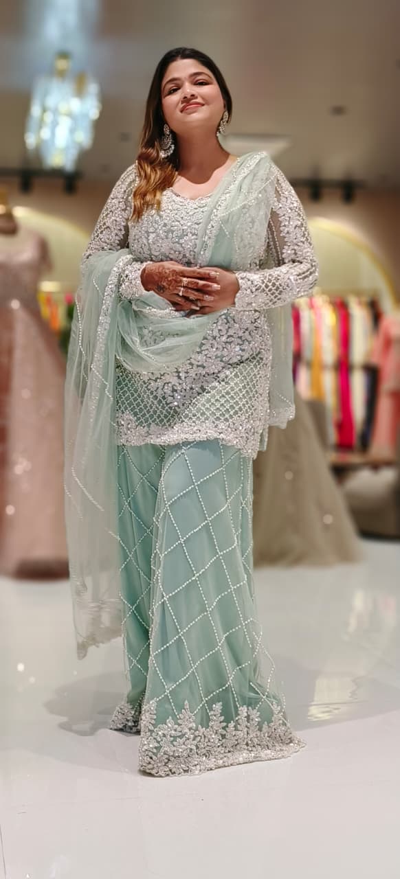 Premium Pastel Green Heavy Embellished Set Ensemble with Detailed Sequin–Pearl Work Kurta and Matching Embroidered Dupatta And Flare Bottom-12610 (DISPATCHING AFTER 30 DAYS ON ORDERS)