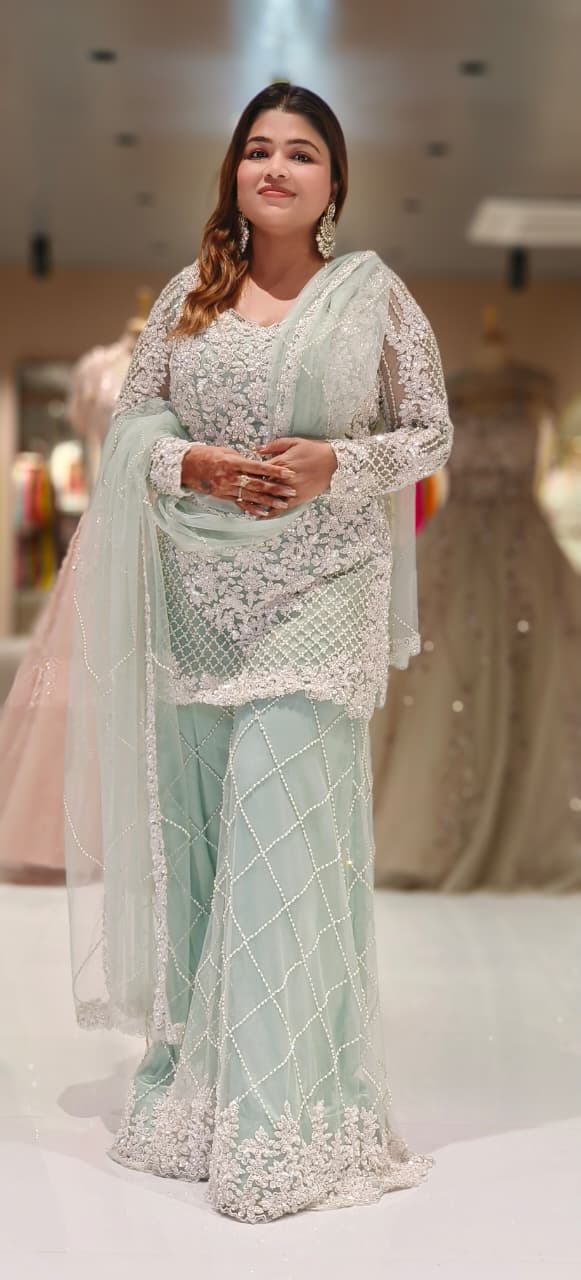 Premium Pastel Green Heavy Embellished Set Ensemble with Detailed Sequin–Pearl Work Kurta and Matching Embroidered Dupatta And Flare Bottom-12610 (DISPATCHING AFTER 30 DAYS ON ORDERS)