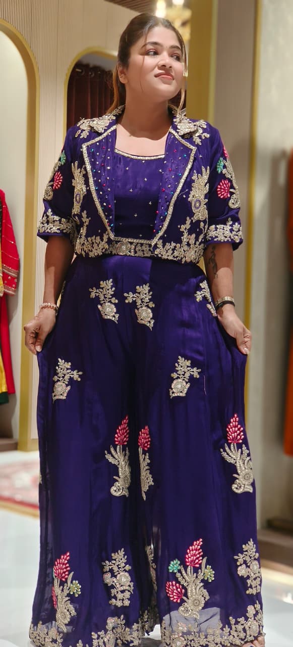 Opulent Chinon Fabric Three-Piece Palazzo Set with Rich Zari Embroidered Jacket, Stone-Studded Crop Top & Flowy Pants-12560,12559