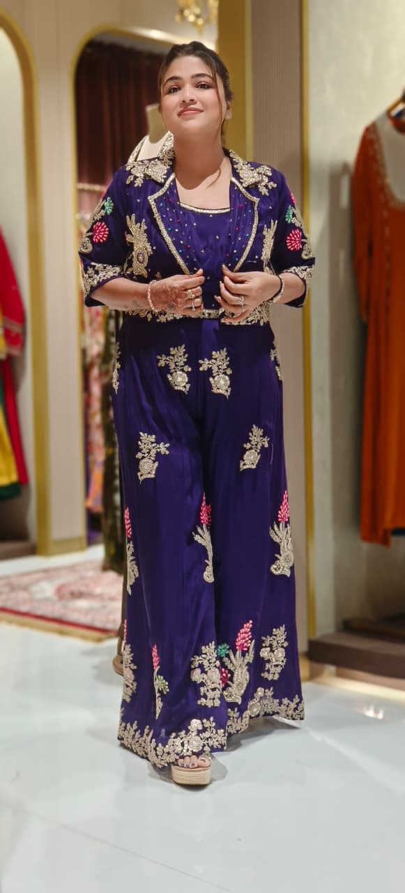 Opulent Chinon Fabric Three-Piece Palazzo Set with Rich Zari Embroidered Jacket, Stone-Studded Crop Top & Flowy Pants-12560,12559