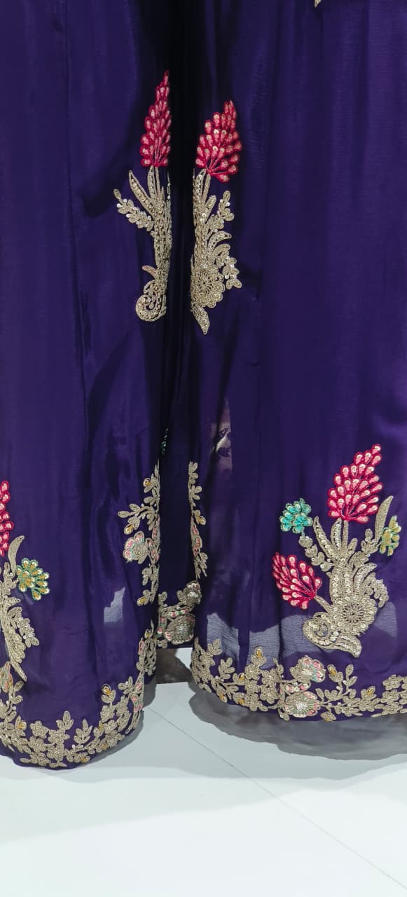 Opulent Chinon Fabric Three-Piece Palazzo Set with Rich Zari Embroidered Jacket, Stone-Studded Crop Top & Flowy Pants-12560,12559